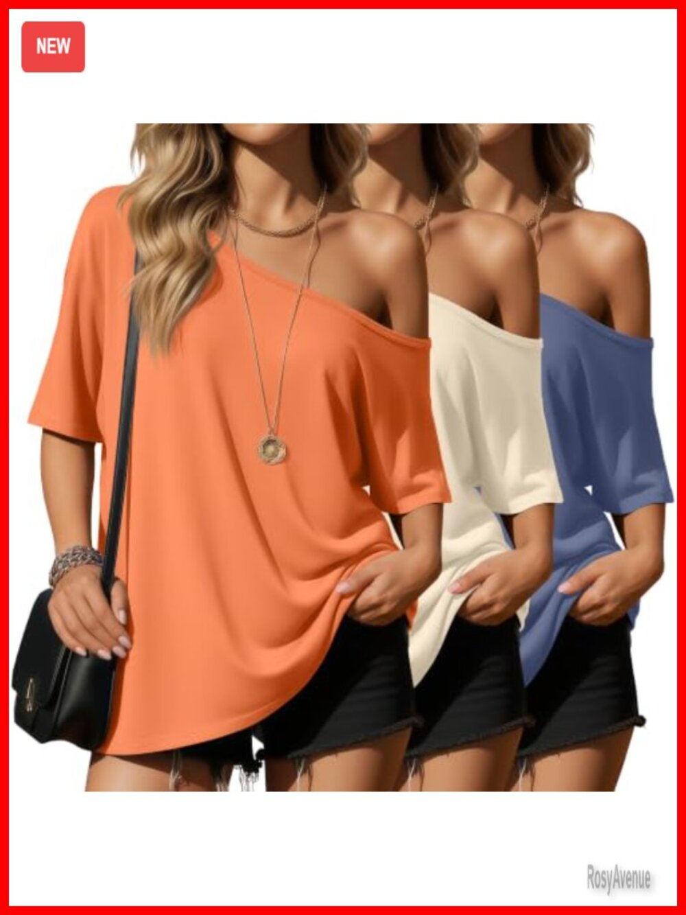 3 Pack Women's Off Shoulder Short Sleeve T-Shirt Loose Fit Casual Summer Top